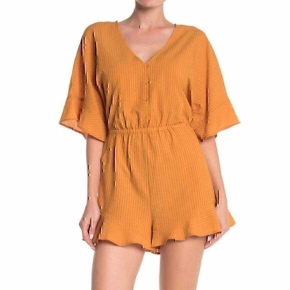 NEW NWT LUSH Solid Mustard Yellow Stripe Cutout Boho Cotton Viscose Romper Small - Picture 2 of 9